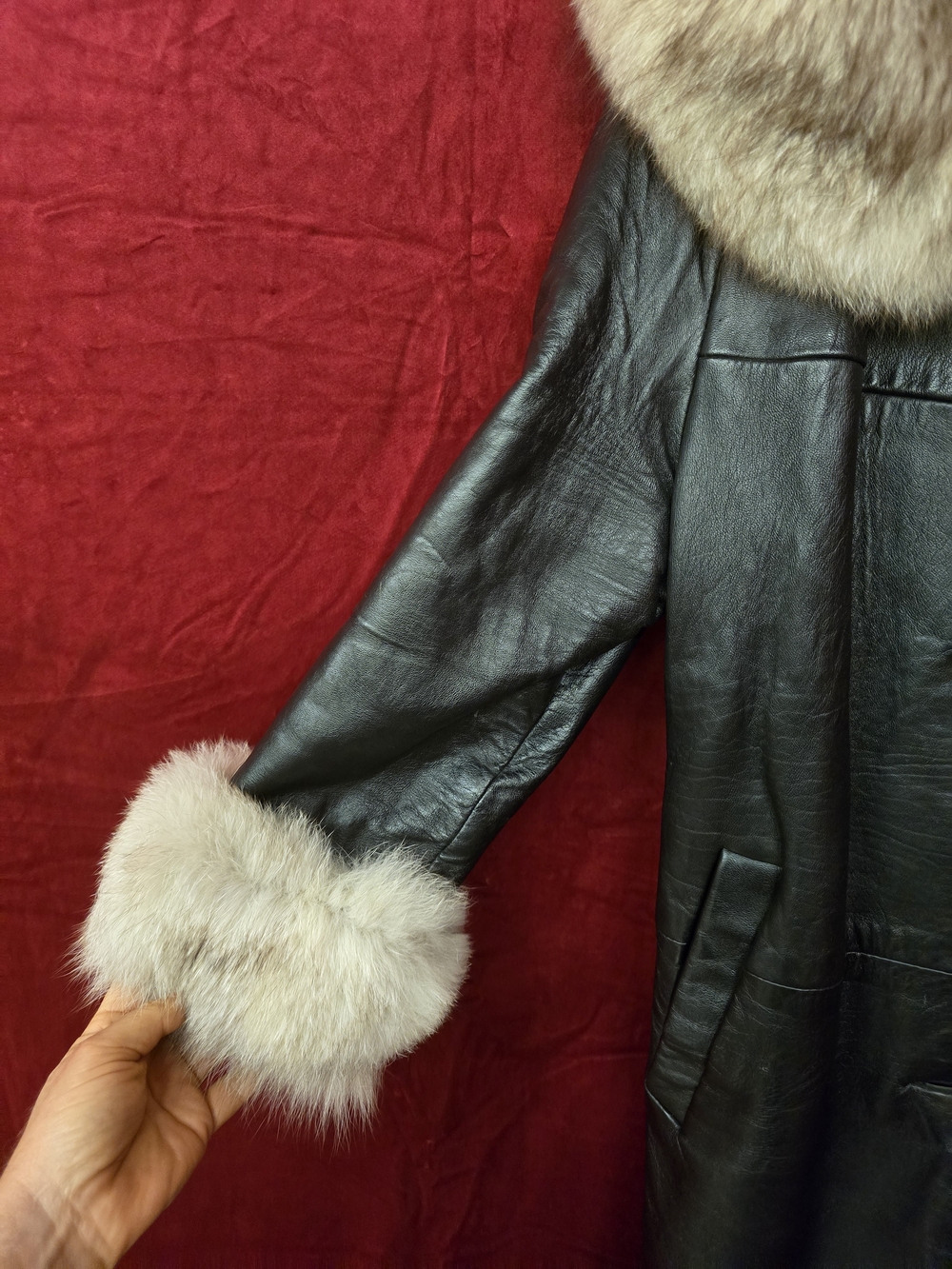 Leather Coat with Fur Trim - Black & Tan - Picture 4 of 5